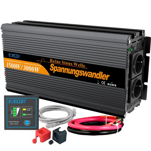 EDECOA Reiner Sinus Spannungswandler 12V 230V Wechselrichter 1500 3000 Watt V2.0 - Afbeelding 1 van 10