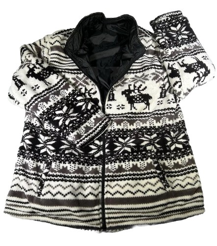 Totes Reversible Fleece Jacket Womens XL Black White Fair Isle Pockets FullZip