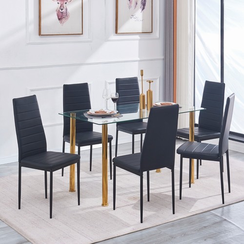 51" Clear Glass Golden Legs Dining Table & 6pcs Black Faux Leather Dining Chair - Picture 1 of 10