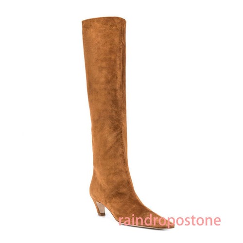 Women's Party Knee High Boots Square Toe Pull on Mid Kitten Heel Formal Shoes Sz - Picture 3 of 29