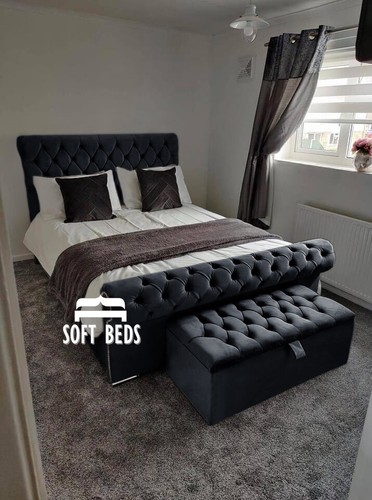 Plush Velvet Sleigh Bed Frame, With or Without Ottoman Gas Lift Storage - Picture 8 of 9