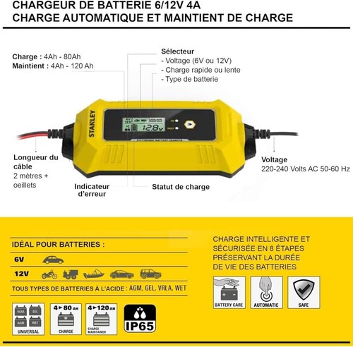 STANLEY Caricabatteria Auto 12V 6V 4A Riparazione Automatica Veloce Smart Pulse AGM GEL - Foto 8 di 11