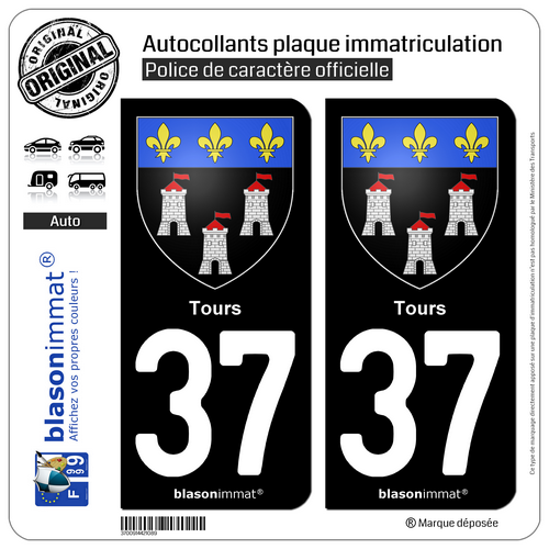 2 Stickers autocollant plaque immatriculation : 37 Tours - Armoiries - Picture 2 of 9