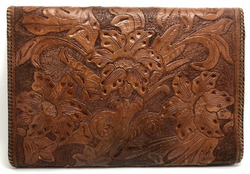 Borsa vintage Hippy Boho marrone lavorata a mano in pelle floreale; Messico (RF959) - Foto 2 di 11