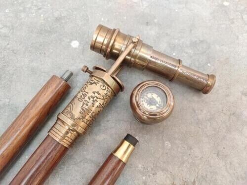 Telescopio náutico de latón de madera con mango de cabeza de brújula bastón vintage - Imagen 4 de 9