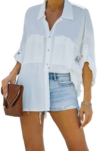 Women's Lightweight Spread Collar Long Sleeve Cuffed Loose Fit Blouse Shirt Tops - Picture 11 of 21