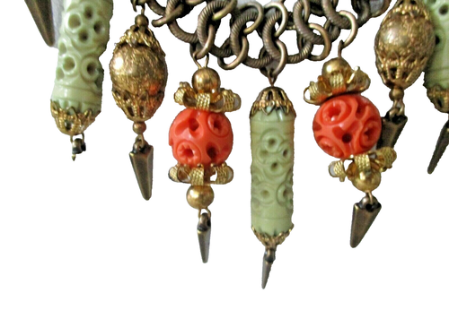 Vintage Miriam Haskell Bib Necklace Carved Jade & Coral Charms - Picture 4 of 6