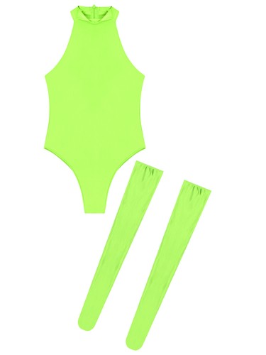 Womens Bodysuit Glossy See-through Sleeveless Leotard with Thigh High Stockings - Imagen 52 de 112