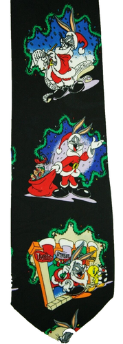 Cravatta da collo uomo vintage Looney Tunes Mania Natale insetti coniglietto Babbo Natale nero 58x4 - Foto 2 di 6