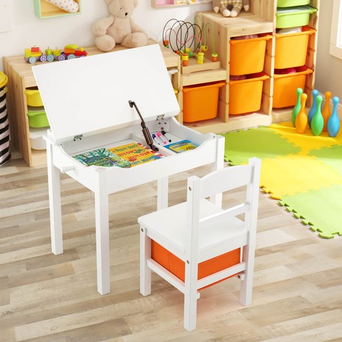 Wood Activity Study Desk Kids Table and Chair Set w/ Storage Drawer Hook White - Picture 4 of 8