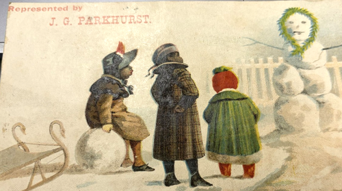 Black Americana Victorian Trade Card -Admiring their Snowman- Christmas Time - Picture 1 of 5