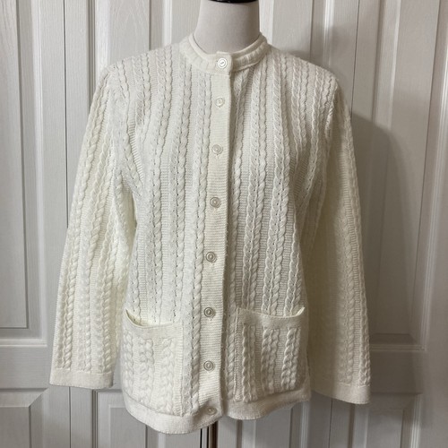 Cardigan maglione coccole vintage anni 70 bianco sporco taglia L nonna intrecciato maglia tasche - Foto 8 di 12