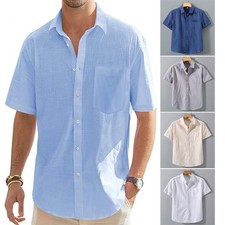 Men's Short Sleeve Linen Shirt Regular Fit Casual Summer Beach Shirt with Pocket