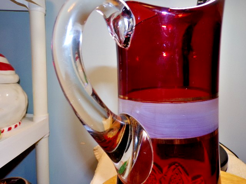 Vintage Bohemian Crystal Pitcher Ruby Red Cut to Clear Thick Glass Jug 11 1/2" - Picture 7 of 13