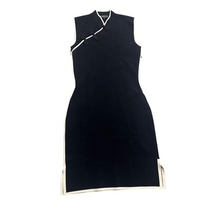 Shanghai Tang Women's Black White Trim Qipao Midi Chinese Dress S/S Designer