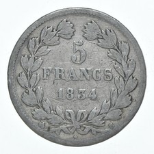 SILVER - WORLD Coin - 1834 France 5 Francs - World Silver Coin *853