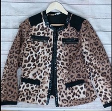 Chico's Size 1 Jacket Brown Leopard Print Shiny Faux Leather Pockets Clasp