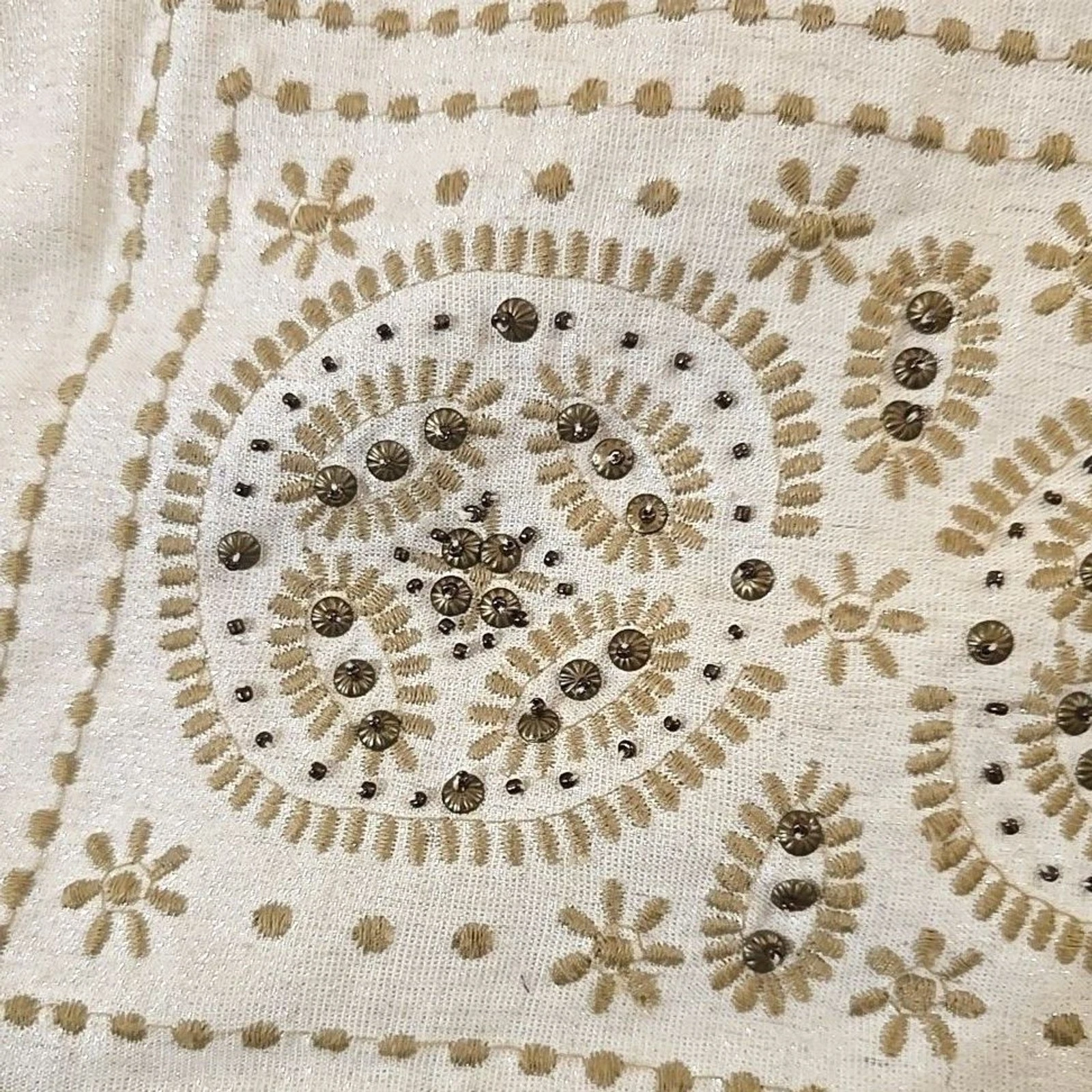 Anthropologie Linen Blend Mini Skirt Size 6 Hippie Boho Beaded Embroidered Beige