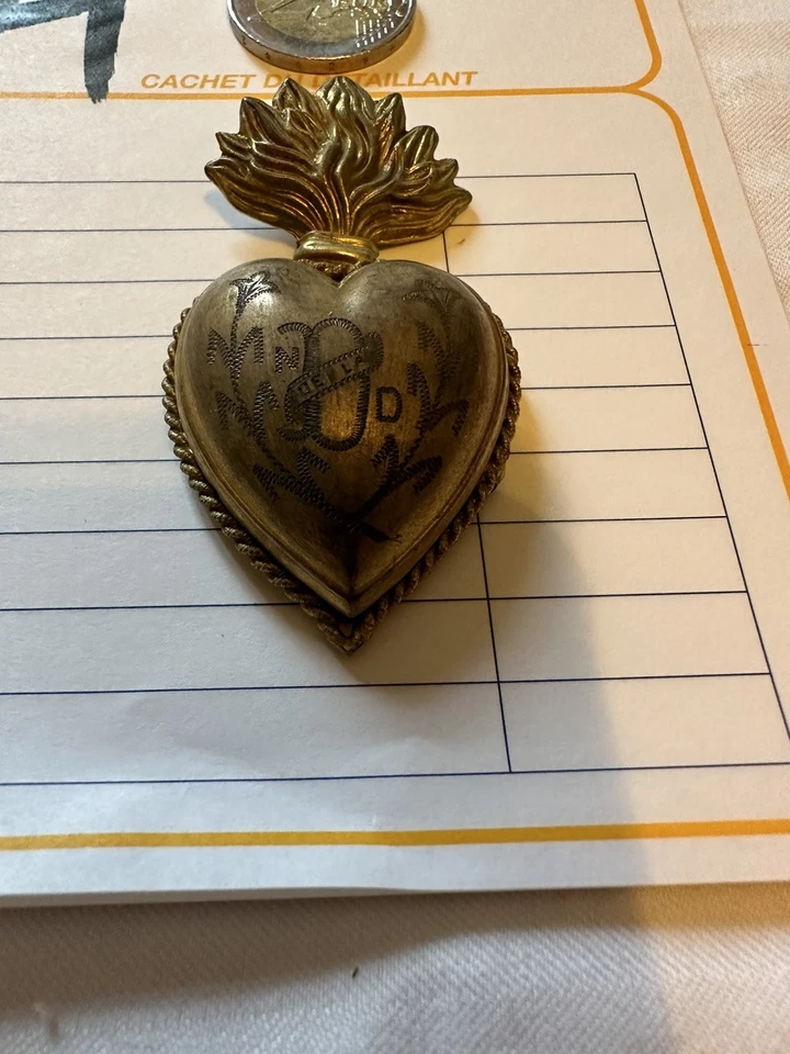 Ancien Ex Voto Cœur De Marie Laiton Doré Pendentif Reliquaire XIX Eme N4 - Photo 2/4