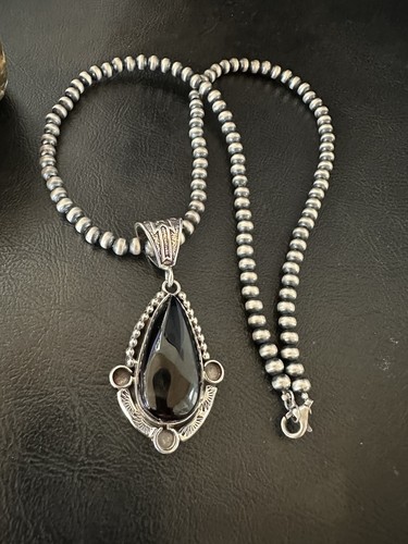 Black Onyx Pendant Navajo Pearls Sterling Silver Necklace 19385 - Picture 10 of 12