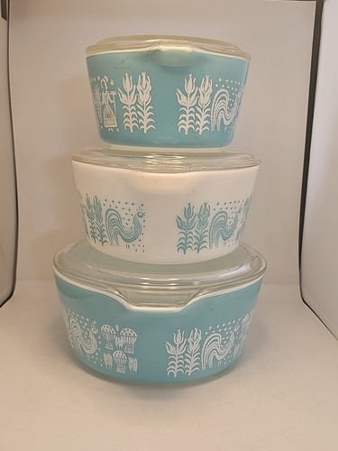 Lot de 6 casseroles vintage Pyrex Amish imprimé beurre Cendrillon blanc turquoise - Photo 2/20