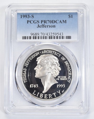 PR70 1993-S DCAM Jefferson Commemorative Silver Dollar PCGS - Picture 1 of 5