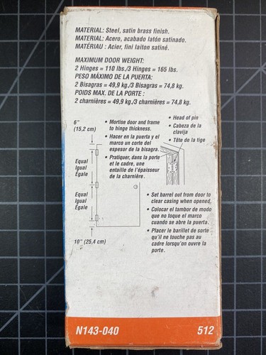 National Brand 4" Door Hinges – Satin Brass Finish – Pair with Screws – NIB - Picture 3 of 4