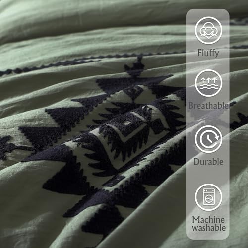 MAIREVE Olive Green Embroidery Comforters Set Queen Size - 7 Pieces, Farmhouse - Picture 6 of 7