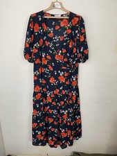 ASOS Women Dress 18 Dark Floral Puff Sleeve Cottage Peasant Maxi Wrap Curve Blue