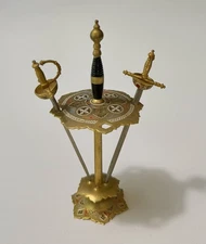 Vintage TOLEDO Spanish Damascene Brass 2 Miniature Sword Cocktail Picks w/Stand