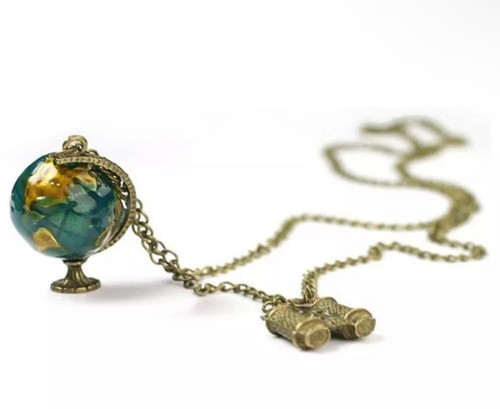 Vintage Terrestrial Globle Telescope Pendant Necklace Antique Bronze Travel