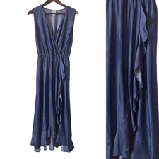 Naif Dress Midi Chambray Surplice Ruffles Waist Tie Cottagecore Prairie Sz L