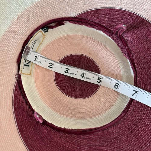 Vintage 1940s Straw Hat Purple Pink Ivory Stripe Wide Brim Picnic Ronnie 22 - Picture 14 of 16
