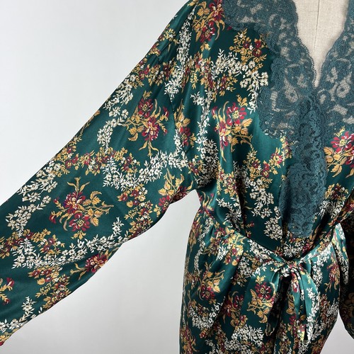 Vtg Victoria's Secret Gold Label One Size Green Floral Kimono Sleeve Belted Robe - Picture 5 of 17