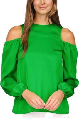 F. Michael Kors Blouse Size L Green Balloon Sleeve Cold Shoulder NWT $88