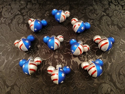 4TH JULY DISNEY MICKEY MOUSE RED/WHITE/BLUE PATRIOTIC ORNAMENTS GLASS 2 IN