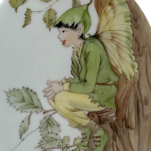Vintage 80s Porcelain Wall Plaque Elm Tree Fairy Elf S.M. Hand Painted Oval 7" - Picture 3 of 6