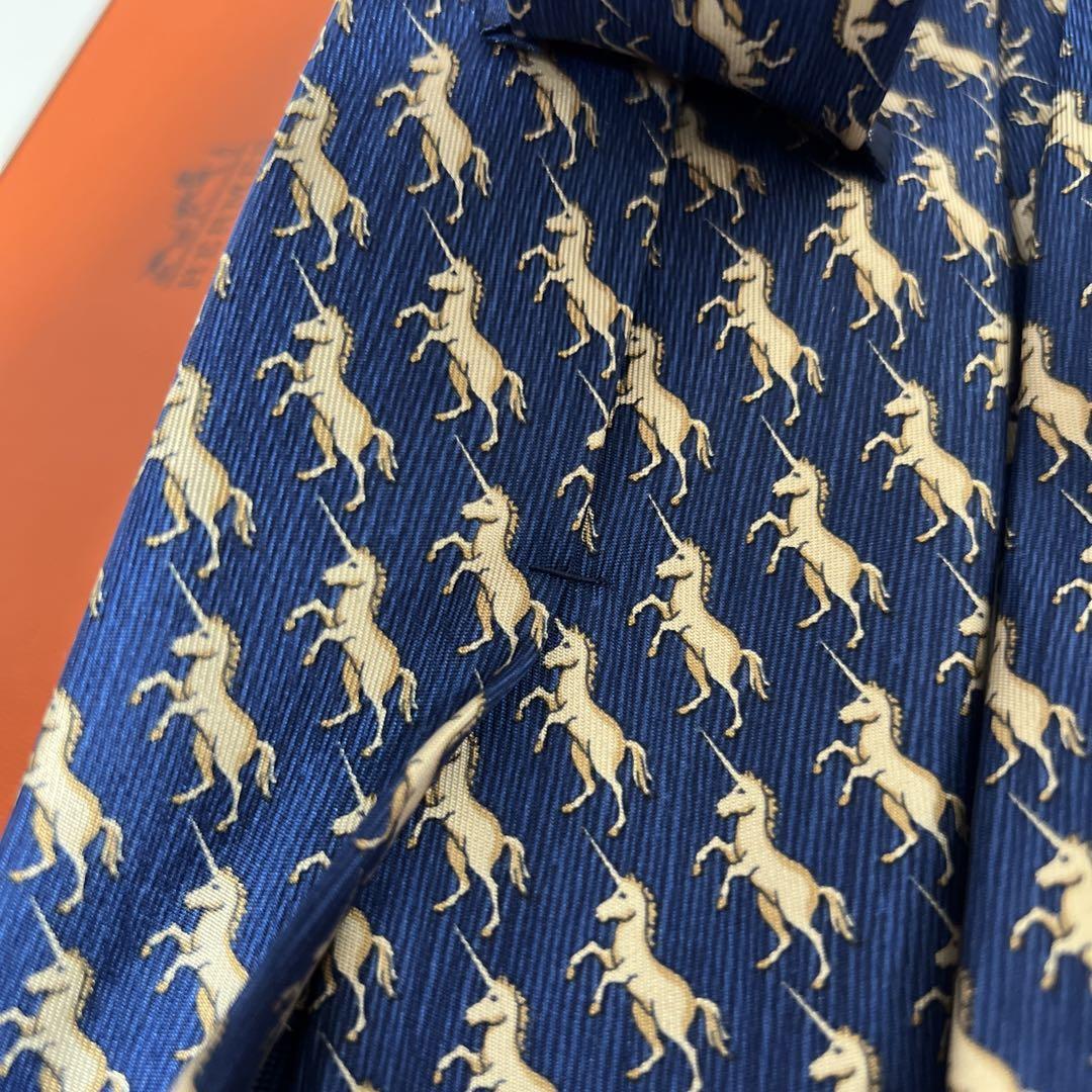 Hermes Tie Unicorn Pattern Dot Blue Silk Total Length 150cm