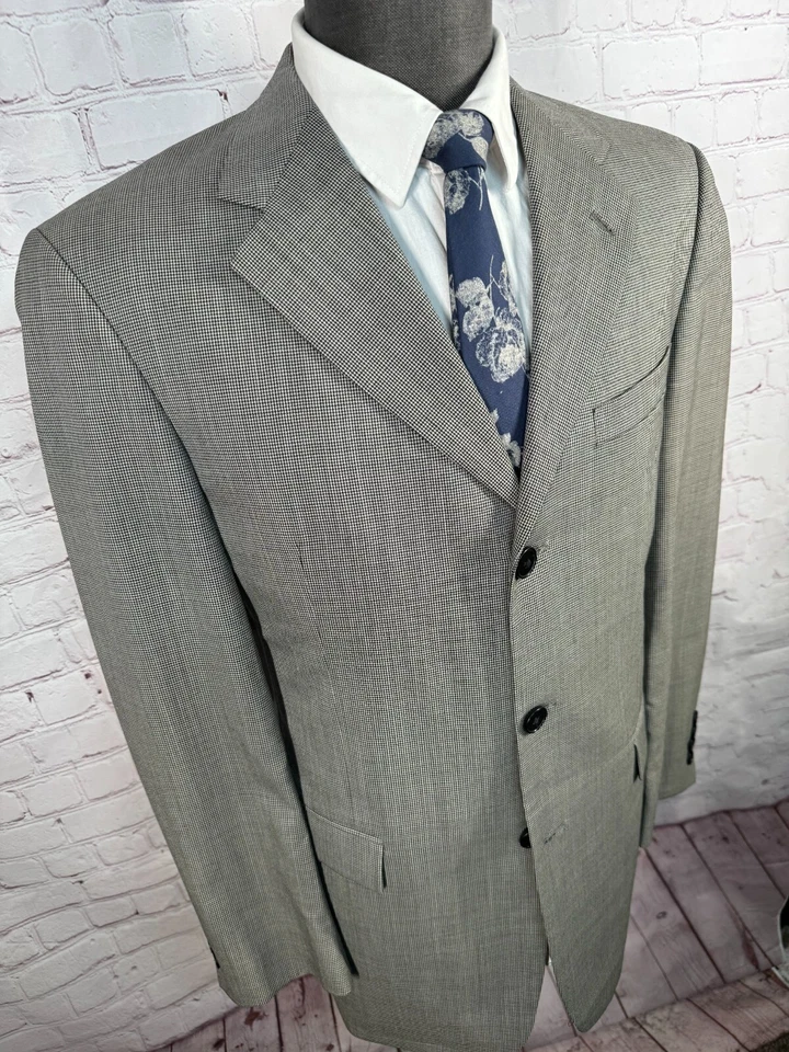 TOMMY HILFIGER Mens Beige Wool FINE HOUNDSTOOTH 2 Pc Suit 40R Jacket 32x31 Pant - Image 4 of 4