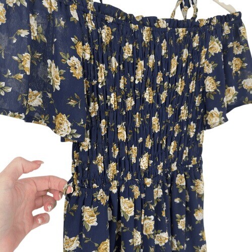 Smukke Girls Size 10 Off-Shoulder Floral Jumpsuit Navy Yellow Boho Cottagecore - Picture 3 of 9