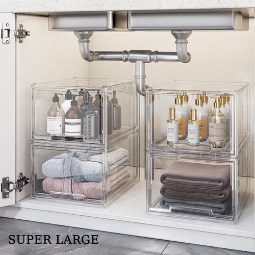 New-3 Pack Large Stackable Storage Drawers, Clear Plastic Drawer Organizer, Unde - Picture 5 of 5