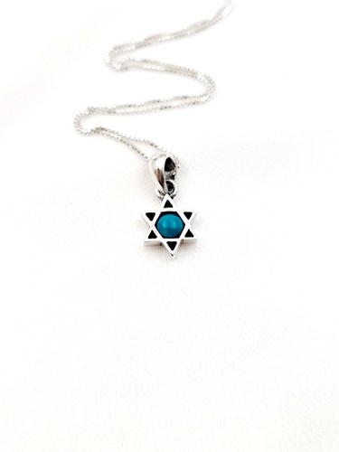 Collar David Estrella Colgante Azul Blanco Ópalo Verde Piedra Eilat Plata de Ley - Imagen 10 de 12