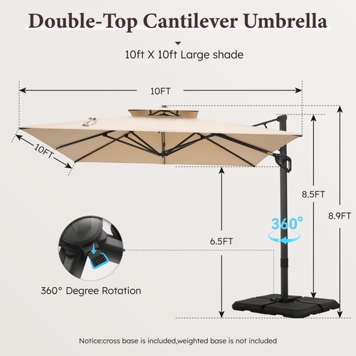 10ft Cantilever Patio Umbrella Outdoor Large Square Umbrellas with 360��Rotation - Picture 2 of 9
