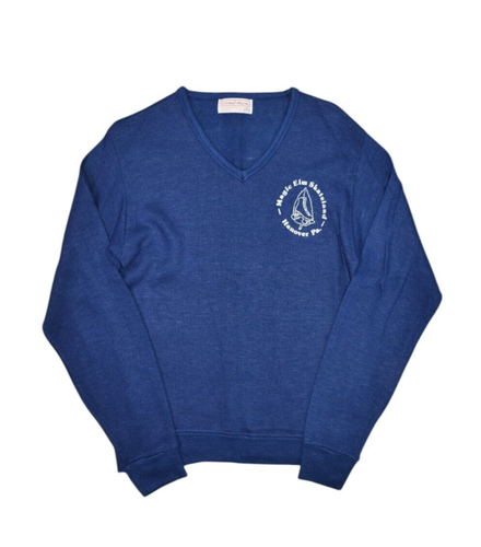 Vintage 60s Sweater Mens S Blue V Neck Rollar Rink Chest Graphic Creslan & Rayon