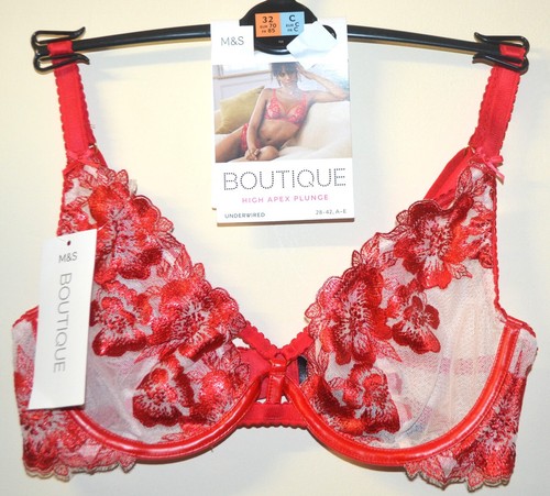 M&S BOUTIQUE HIGH APEX PLUNGE BRA UNDERWIRED SIZE 32C RED MIX - BNWT - Picture 1 of 4