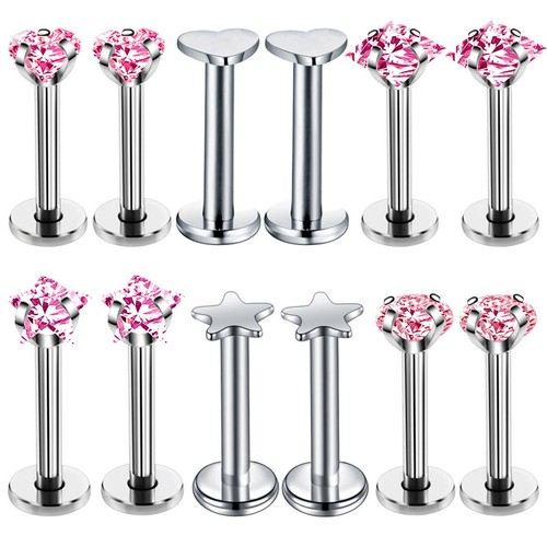 12PCS/LOT Crystal Gem Labret Stud 316L Stainless Steel Bar Ear Tragus Rings 16G - Picture 3 of 10