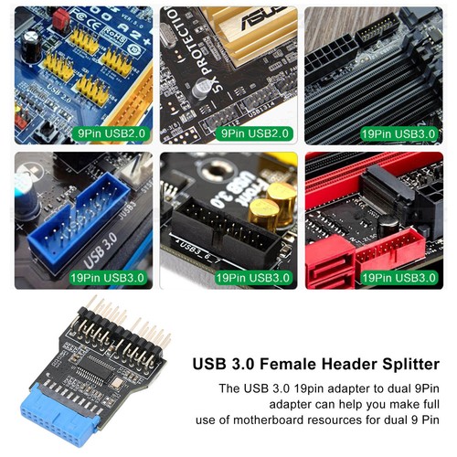 USB 3.0 19pin Adapter To Dual 9 Pin Adapter 480Mbps Female Header HUB Adapter v - Afbeelding 7 van 8