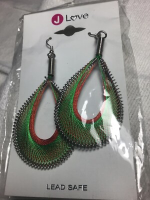 Pair Of Red & Green String Art Hook Earrings