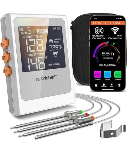 Nutrichef Wireless Meat Thermometer 2 Stainless Steel Probes BT WiFi iOS Android