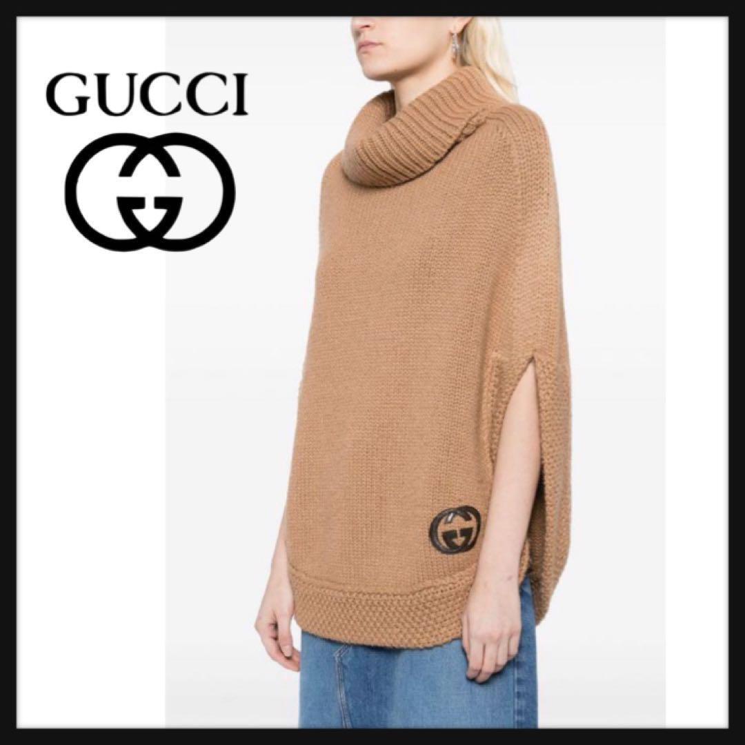 GUCCI グッチ ニット ポンチョ タートルネック キャメル GUCCI Women's Turtleneck Knit Poncho Size S GG Logo Brown
